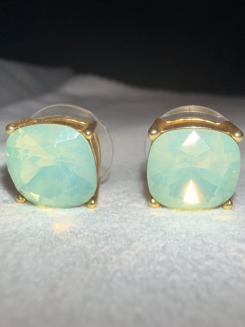 Boutique Earrings | Light Mint Green + Gold Tone Cushion Cut Stud